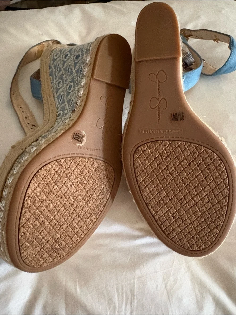 Jessica Simpson Blue Embroidered Espadrille Wedge Sandals with silver studs Trim